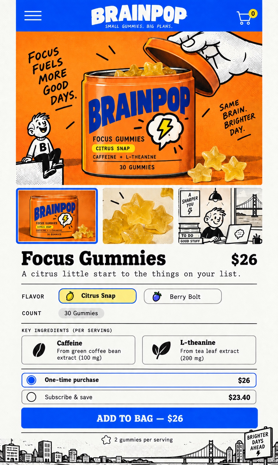 Brainpop mobile product page for citrus focus gummies