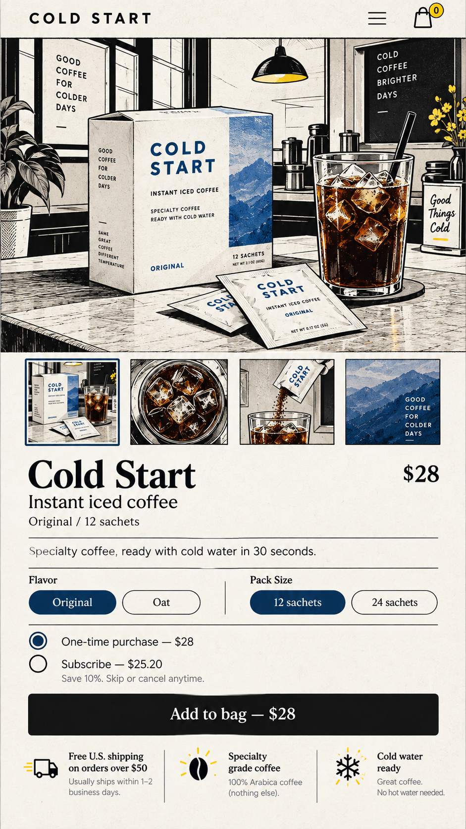Cold Start illustrated mobile product page for instant iced coffee