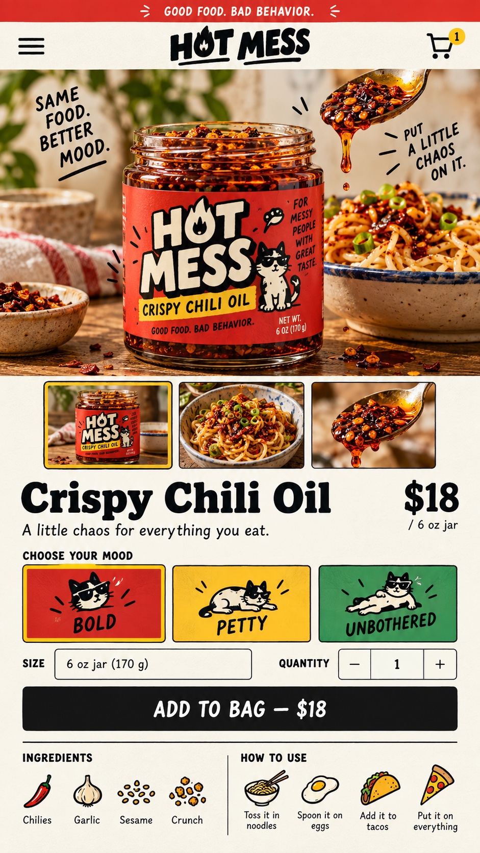 Hot Mess mobile product page for crispy chili oil