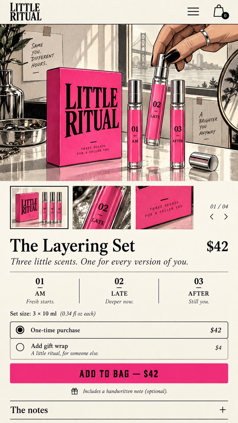 Little Ritual mobile product page for a mini perfume layering set