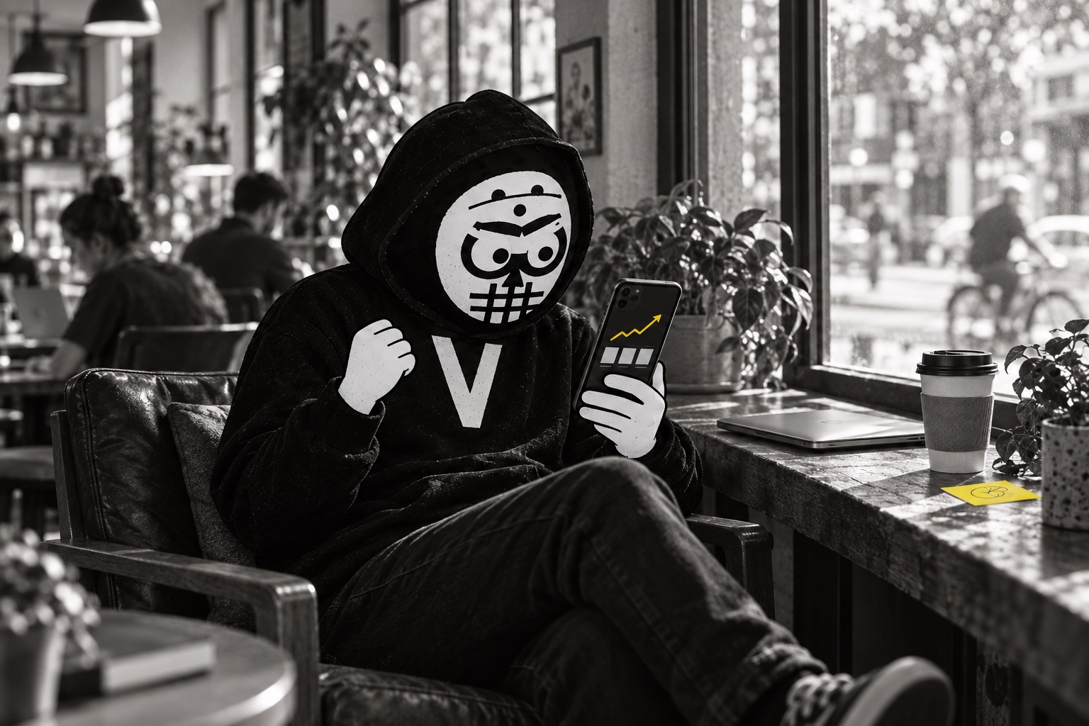 AirPunk checks progress on a phone at a cafe