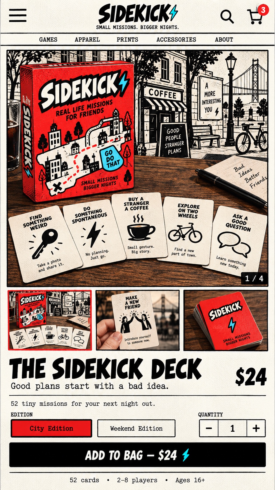 Sidekick mobile product page for a real-life mission card game